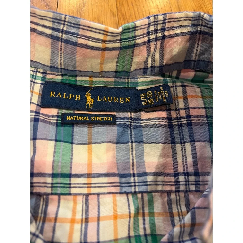 Ralph Lauren Boys XL 18-20 Plaid Short Sleeve Button Down Shirt Natural Stretch